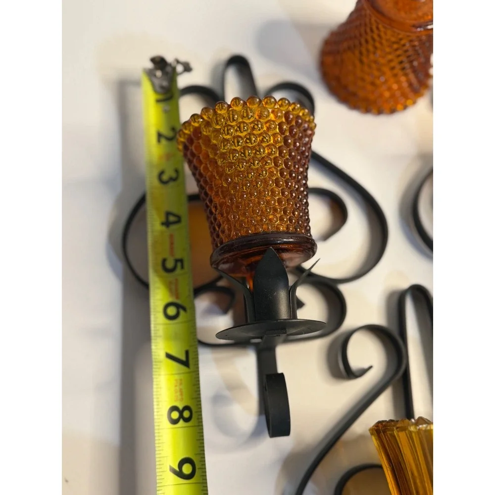 VTG Homco Wall Sconce Candle Holders Amber Hobnail Ribbed Glass‎ Black Metal X 3